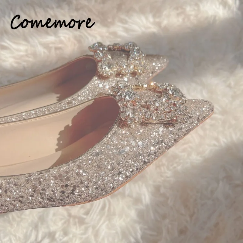 

Comemore Wedding Shoes Women Crystal Glitter Wedding Banquet Daily Shoe Slip-on Comfortable Summer Footwear Low Heels Pumps