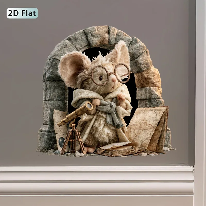 VIKAMA Fluffy Mouse Telescope Wall Sticker Xmas Explorer Self-Adhesive Decor for Living Room Bedroom Dorm