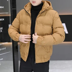 Jaqueta casual masculina sólida com capuz, roupas acolchoadas de algodão, parkas grossas à prova de vento, top coat fino quente, outwear outono e inverno, 2024