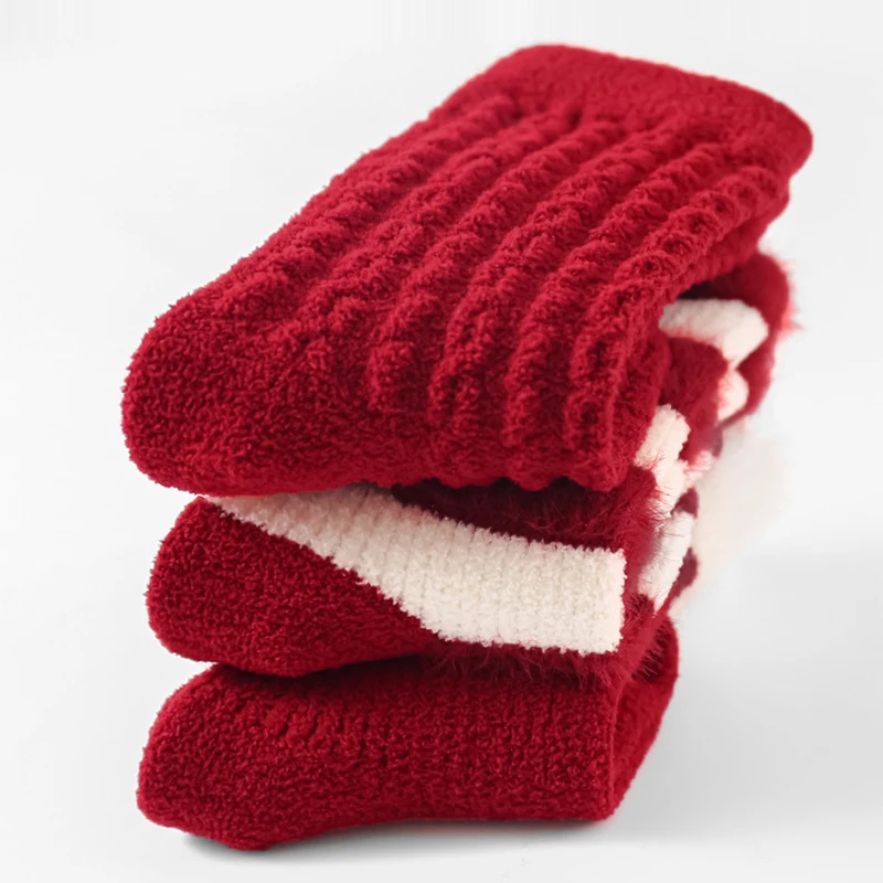 طفل السنة الجديدة الجوارب الأحمر شريط لطيف Pompom صبي فتاة الخريف الشتاء تيري الجوارب سميكة أفخم الوليد طفل مكافحة البرد جوارب يمكن السير بها على الأرض #5