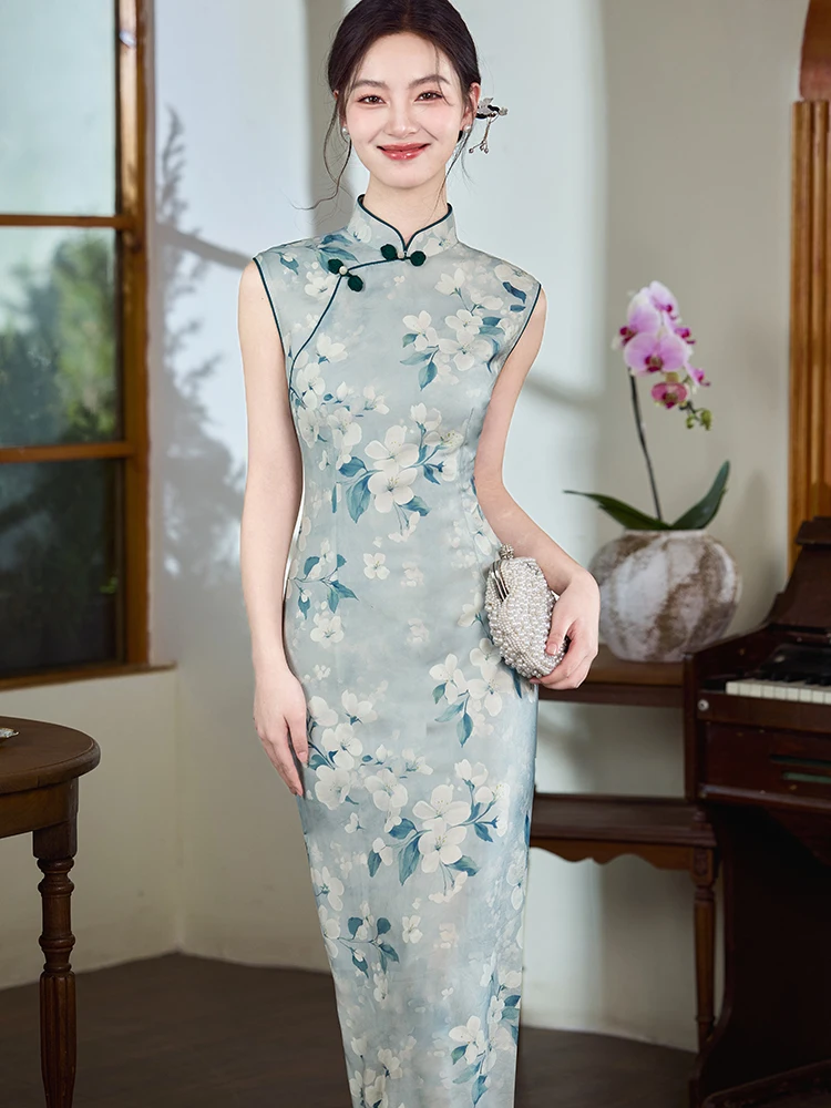 

Синее длинное ципао с высоким разрезом, новая китайская версия, для повседневной носки, модное, элегантное.