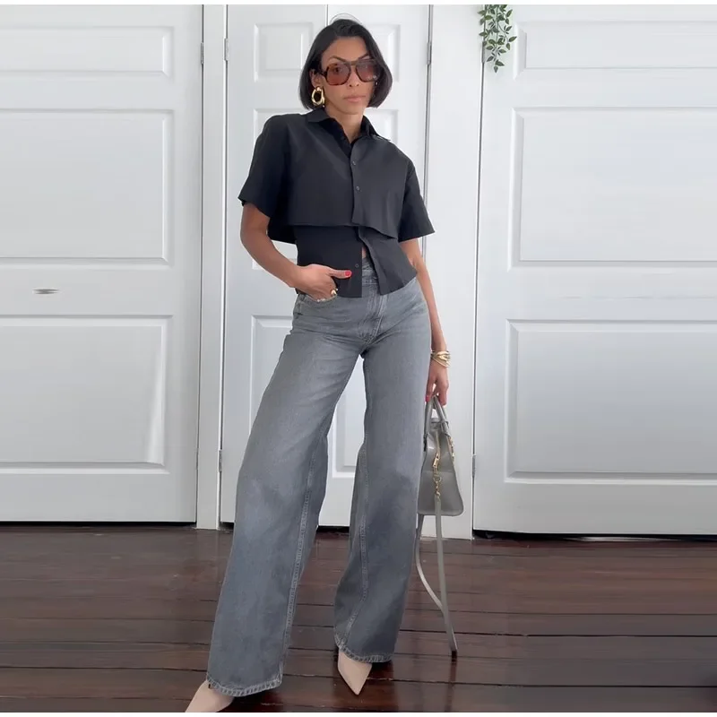 Women Chic Patchwork Black Shirt Casual Lapel Single Breasted Short Sleeve Blouse 2025 Spring Summer NewAll-matching Tops Lady