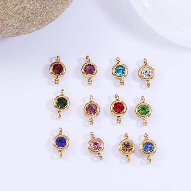 

12pcs/lot Stainless Steel Colorful Crystal Birthstone Charms 6.5mm Round Pendants Two Holes DIY Jewelry Accessories