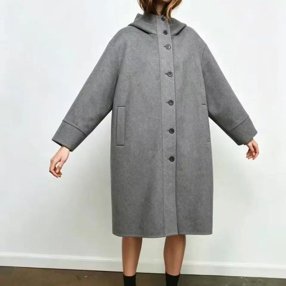 Early Autumn New Arrival Women's Fashionable Hooded Mixed Media Patchwork Parka Coat Long Sleeve Stand Collar Single Button