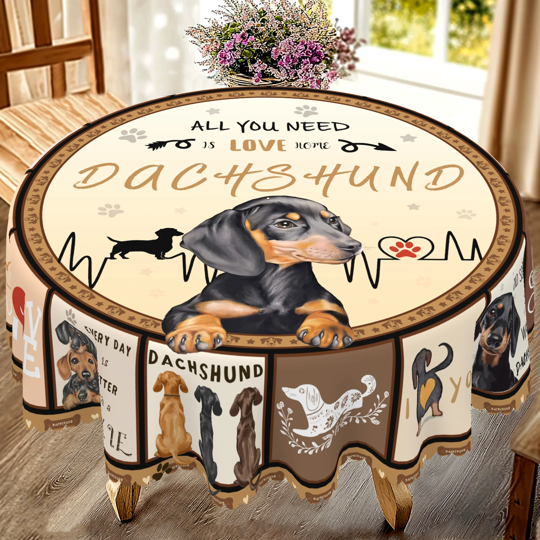 1 Piece, Cute Dachshund-Themed Printed Tablecloth + 4 Self-Adhesive Stickers, Embossed Edges, Suitable for Home Kitchen, Living Room Dining Table, Balcony Coffee Table, Holiday Party Tabletop Decoration Tablecloth, Outdoor Picnic Decoration, Coffee Table Tabletop Decoration Tablecloth Table Cover, Perfect Holiday Gift, Spring, Summer, Autumn, Winter Tablecloth Decoration-T046