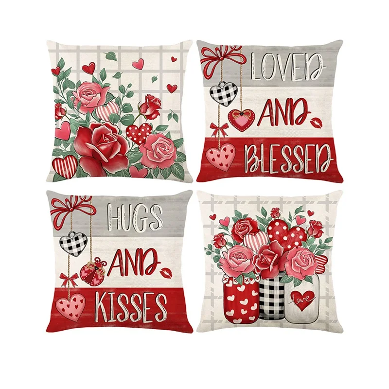 Valentine's Day Pillow Covers 4Pcs Heart Letter Rose Single-Sided Pattern Cute Cushion Cases for Home Decor Sofa