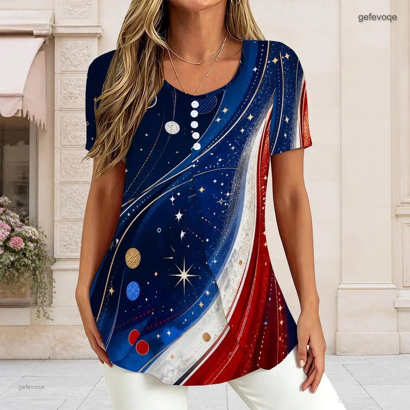 Women V Neck Short Sleeve T Shirt Half Button Placket Fake Two Piece Layered Curved Hem Loose Tunic Top Custom Print Ladies Casu