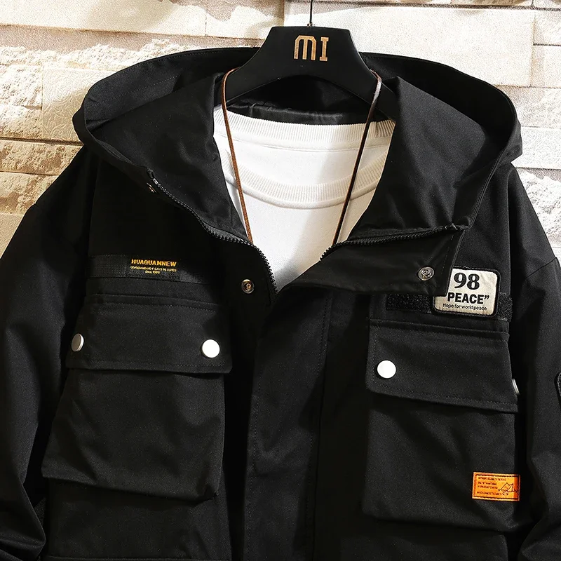 Men Jacket Multi Pockets Hooded Outwear Korean Fashion Patch Jackets Zipper Coats Retro Techwear OverSize Men Clothing