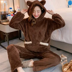 Thickened Warm Autumn and Winter Women Cartoon Plush Hooded Bear Sleepwear Girl Flannel Homewear Two-Piece Set Solid Nightwear