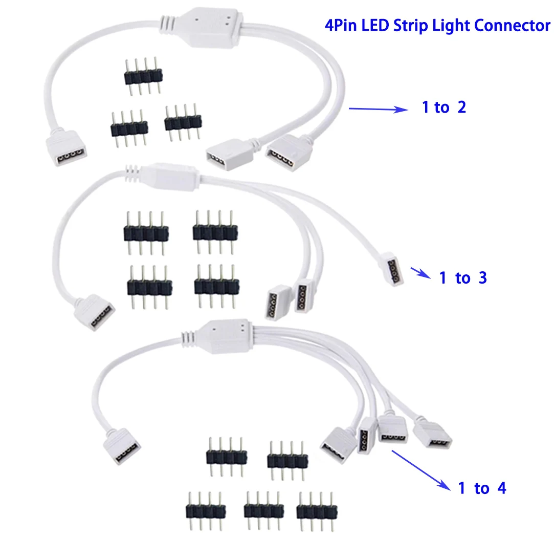 

4 Pins RGB LED tape Connector 1 to 2 3 4 plug power Splitter Cable 4pin needle female Connector wire for RGB Led Strip Light