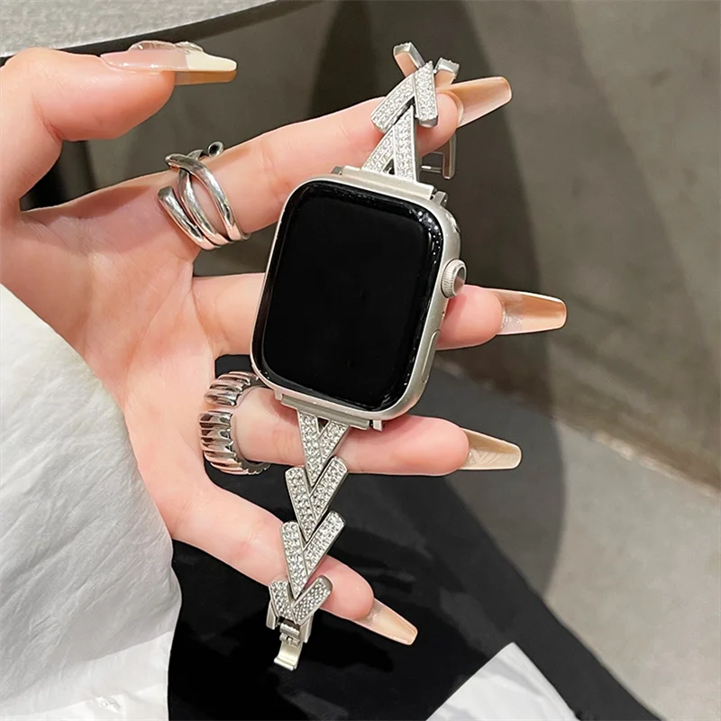 

Metal Steel Strap For Apple Watch Series 9 8 7 6 SE 4 5 45/44/42mm Luxury Glitter Diamond Bracelet IWatch Ultra2 49mm 40mm 38mm