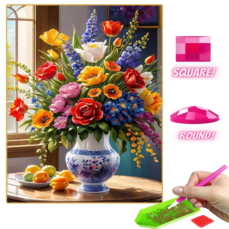 Colorful Bouquet Vase Diamond Painting Mosaic Flower Art Picture Diamond Embroidery Kit Creative Hobbies Home Decoration Gifts