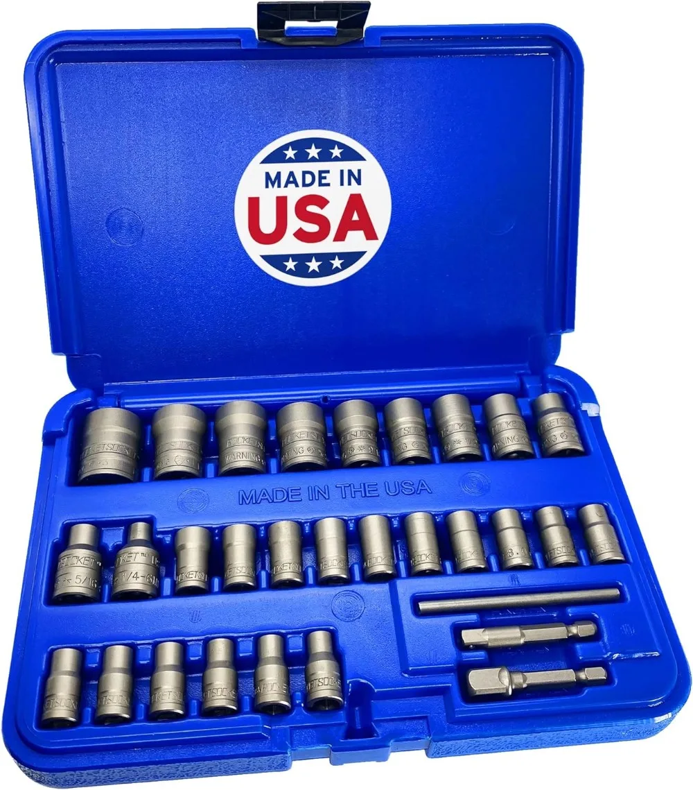 30 Piece Extraction Socket Tool Set | ¼ in. and ⅜ in. Drive | Made in USA Steel