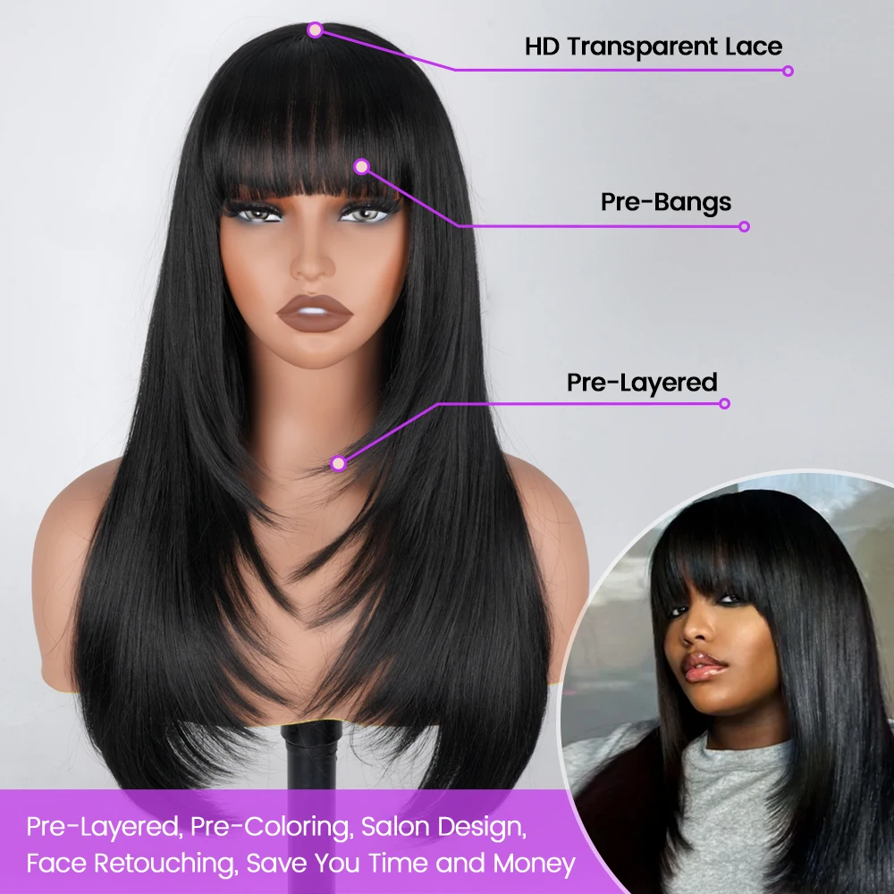 Wig potongan lurus berlapis untuk WANITA HITAM 3X1 HD renda sintetis wig berlapis dengan poni wig tanpa lem lurus hitam alami