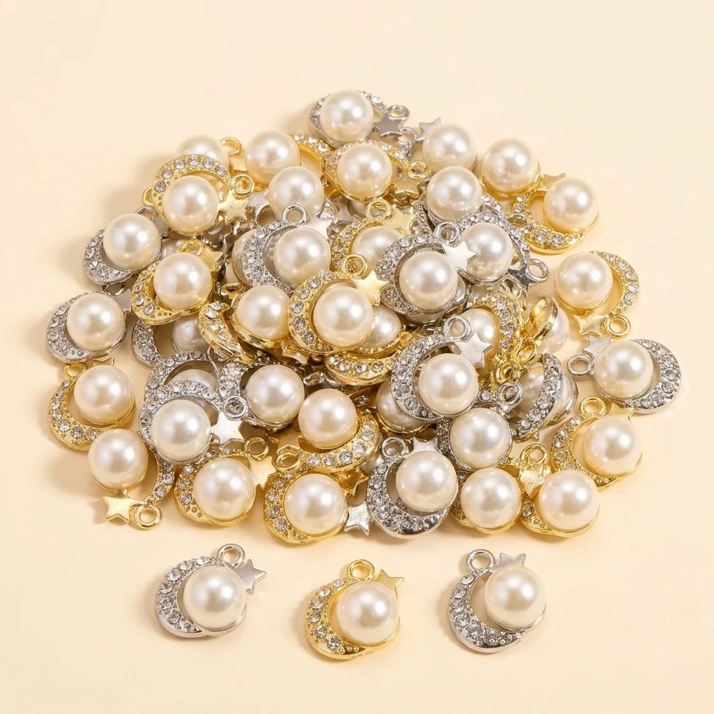 10Pcs Kc Gold/Silver Colour Alloy Charms Pearl Zircon Stars Moon Pendant Earrings Necklace For Jewelry Making Diy Handmade Acces