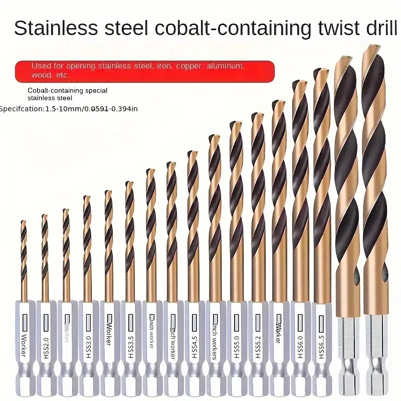 

A set of hexagonal shank titanium coated high-speed steel cobalt auger bits for metal, wood, copper, aluminum, stainless steel