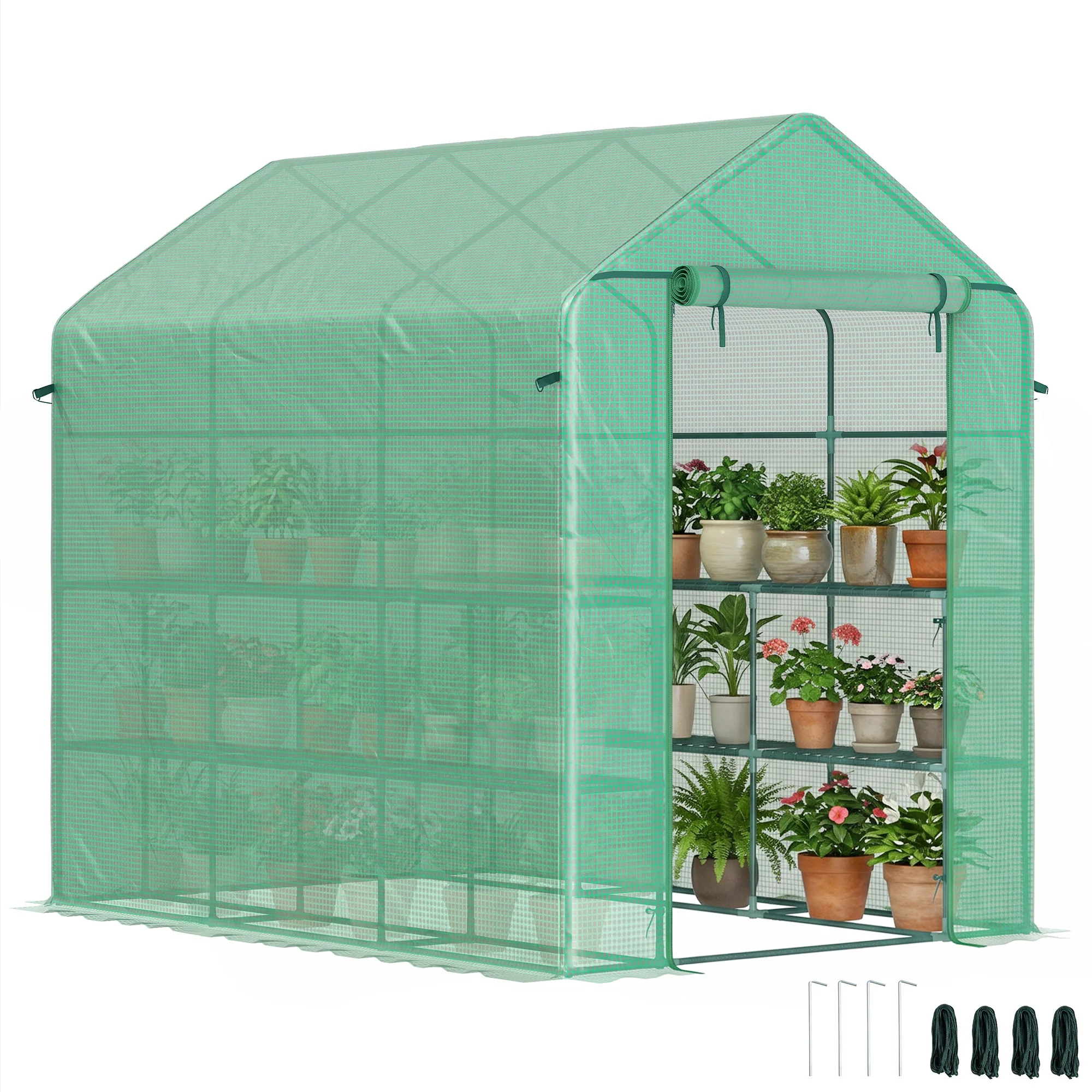 7' x 5' x 6' Outdoor Walk-In Greenhouse, PE Cover, Shelves, Door, Green