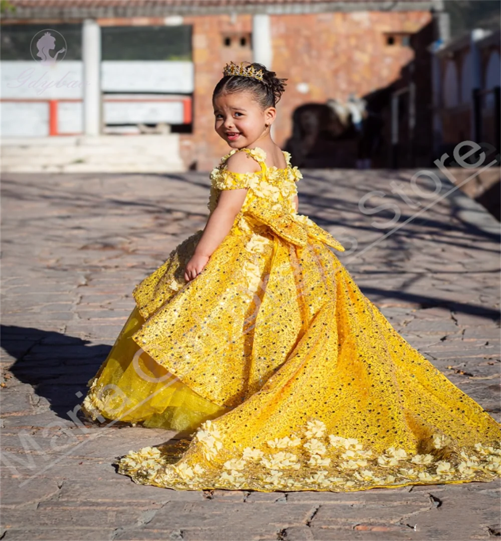 Yellow Flower Girl Dress Sparkling Trailing Handmade Flowers Suitable For First Sacrament Princess Birthday Dress
