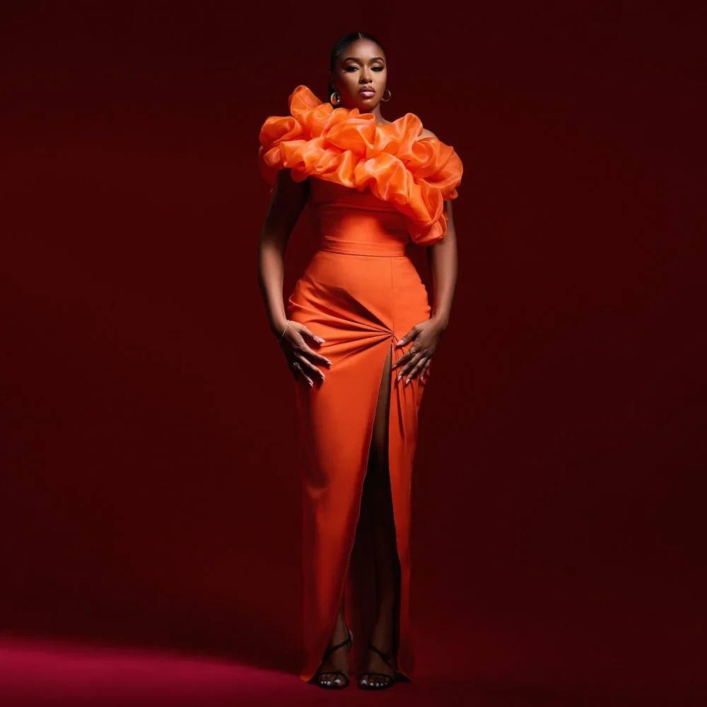 

Customize Elegant Hot Orange Split Long Women Dresses Ruched Organza One Shoulder African Party Dress