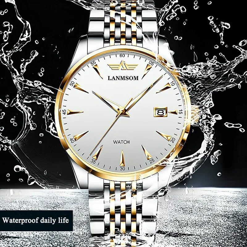 New LANMSOM Men's Watch Stainless Steel Calendar Watch Stainless Steel Men's Watch Night Glow Pointer Men's Quartz Clock