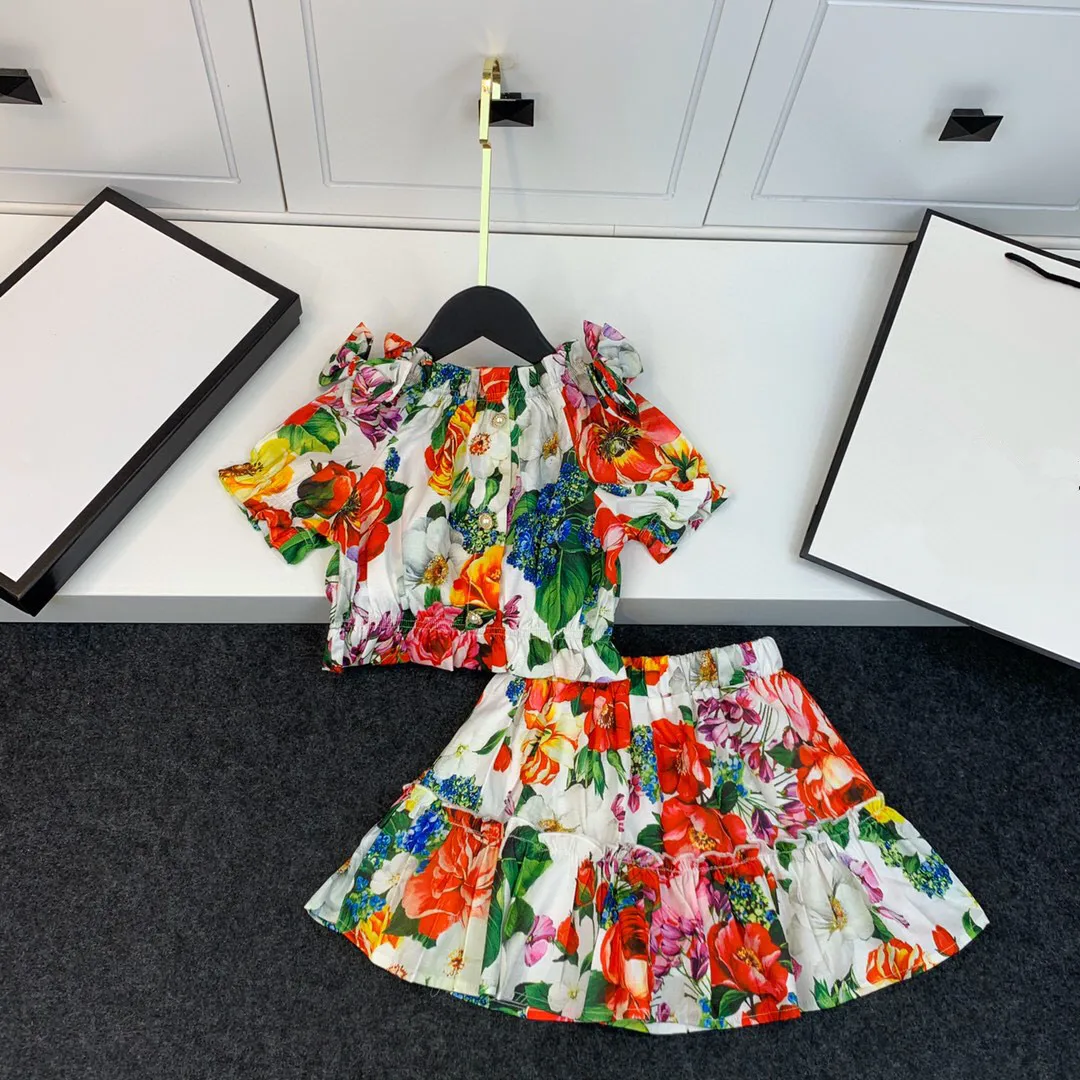 summer Girls skirt set flounce Flower tops+skirt two-piece 2-12 kids clothing set blouse plus half skirt girl flower dress