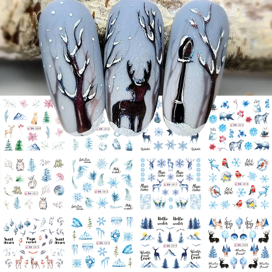 12Designs Christmas Nail Water Stickers Winter Landscape Snowy Tree Deer Watermark Transfer Decal For Nails Decoration Manicure