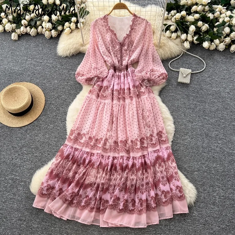

Matakawa Chiffon Dresses Women Lantern Sleeve Spring Autumn Print Vestidos Mujer Vintage Fashion V Neck Elegant Long Dress