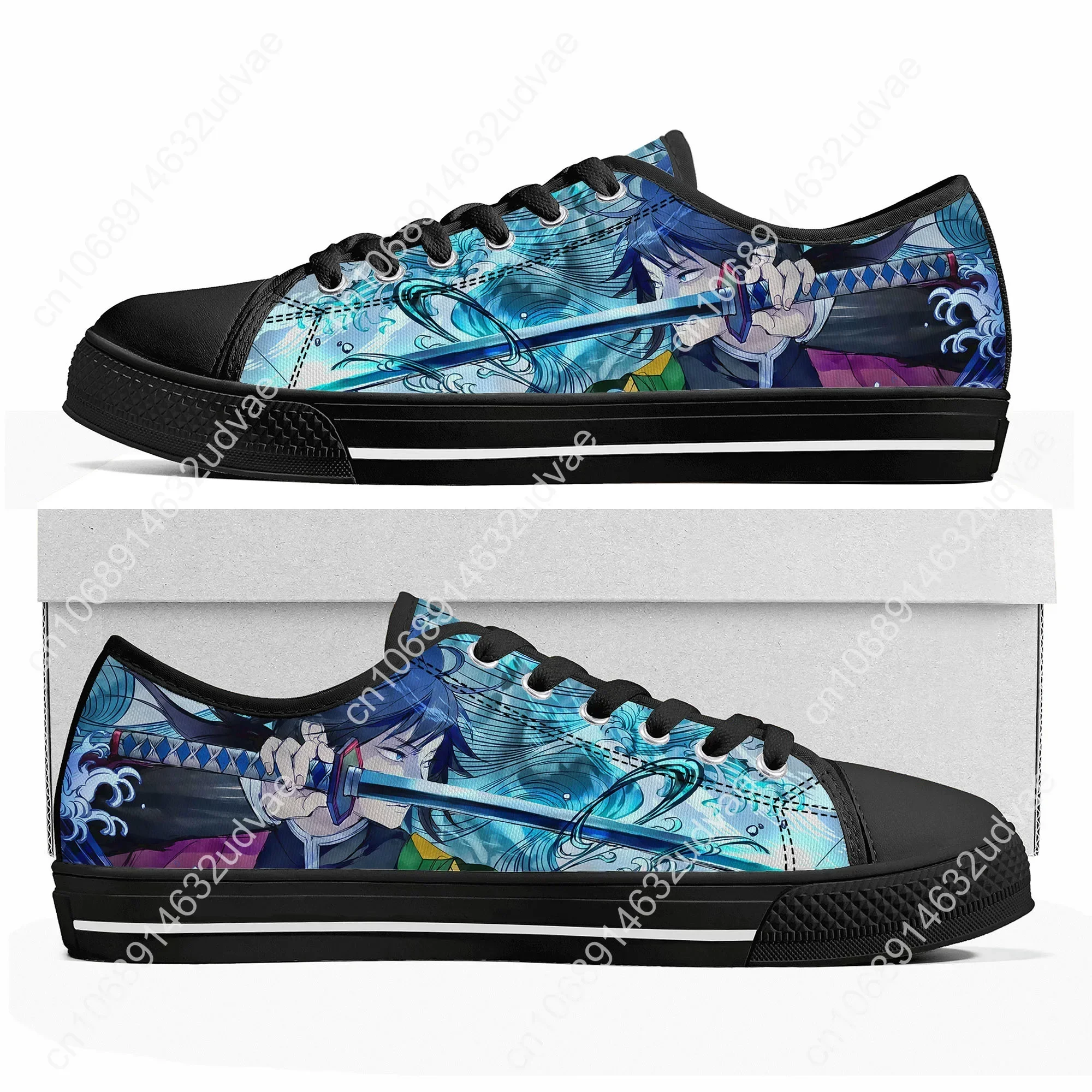 Japan Anime Cartoon Giyu Tomioka Water Hashira Fashion Low Top Sneakers Mens Womens Teenager Canvas Couple Shoes Custom Shoe