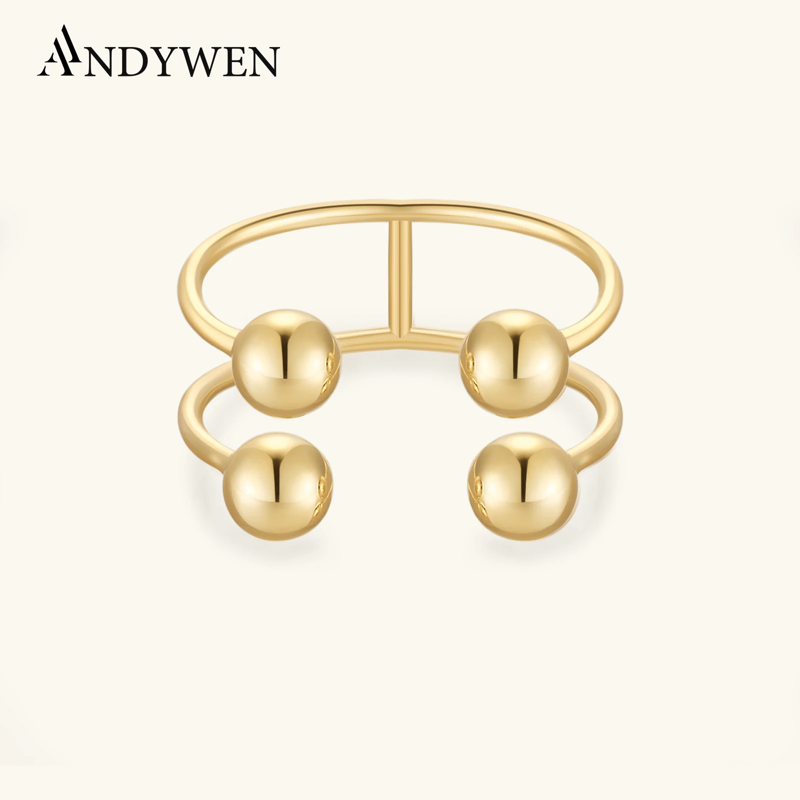 

ANDYWEN 925 Sterling Silver Gold Geometric Ball Beads Linear Open Adjustable Ring Rock Punk Party European Fine Jewelry