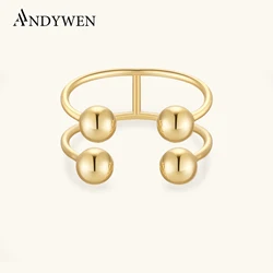 ANDYWEN 925 Sterling Silver Gold Geometric Ball Beads Linear Open Adjustable Ring Rock Punk Party European Fine Jewelry