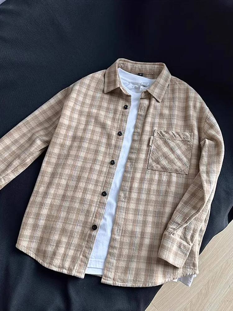 

Orange Plaid Men's Long Sve irt Spring Autumn Lazy Sle Cardigan Coat High-End Feel Loose Fit Youth Trend Breathable Po...