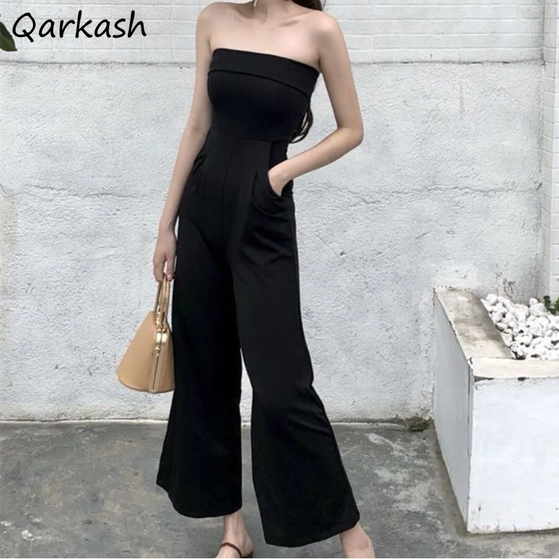 

Jumpsuits Women Strapless Backless Office Lady Summer Wide Leg Sexy Casual Streetwear Solid All-match Cool Temper Minimalist New