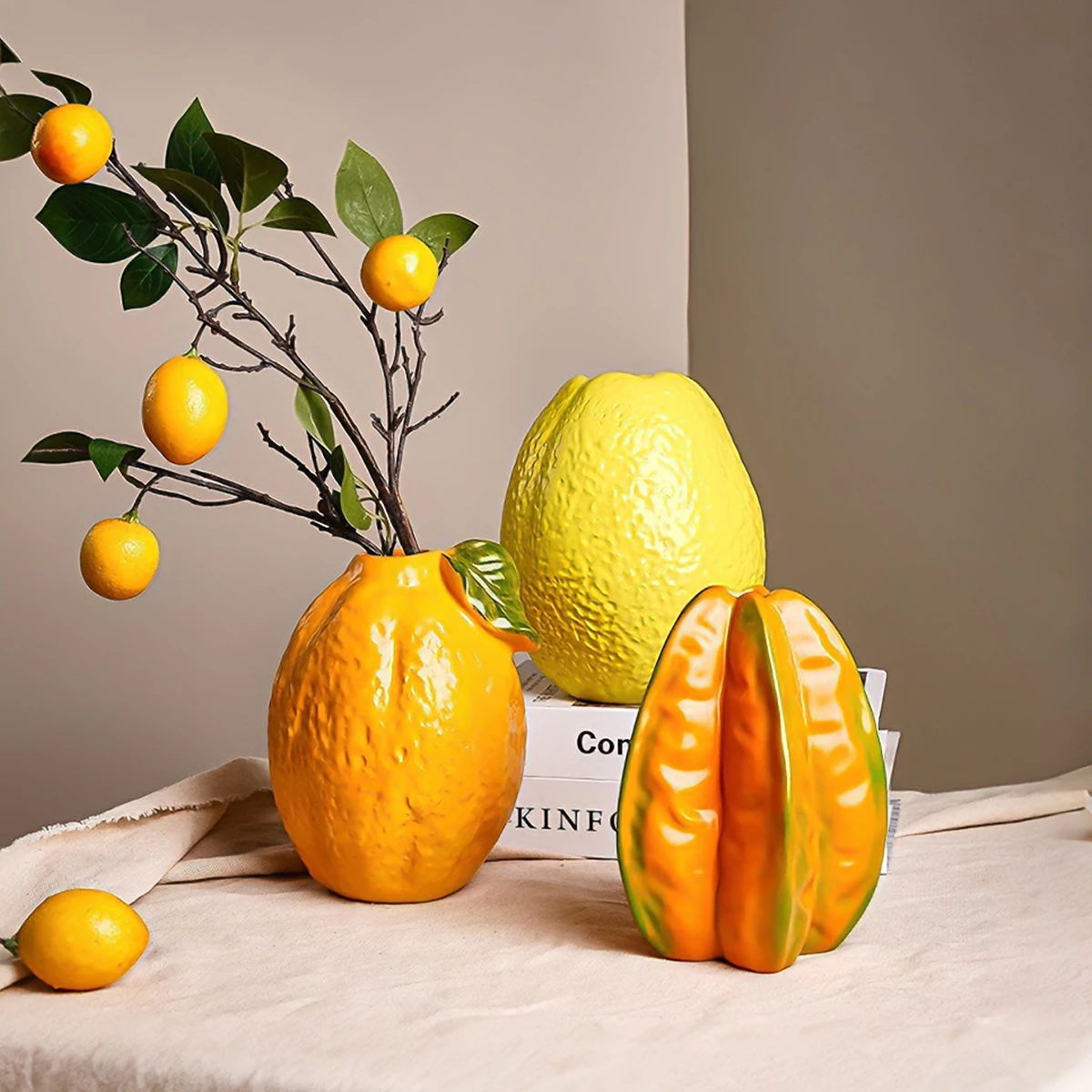Simulated Fruit Ornament Flower Arrangement Small Mouth Fruit Resin Vase Ceramic Hydroponic Orange Flower Pot Decorative Crafts