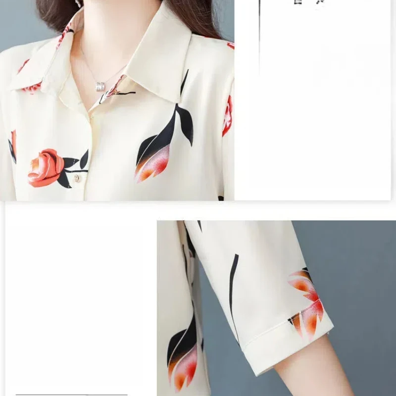 Spring Autumn Turn-down Collar Women\'s Chiffon Button Up Long Sleeve Plant&Flowers Printing Cardigan Shirt Casual Elegant Tops