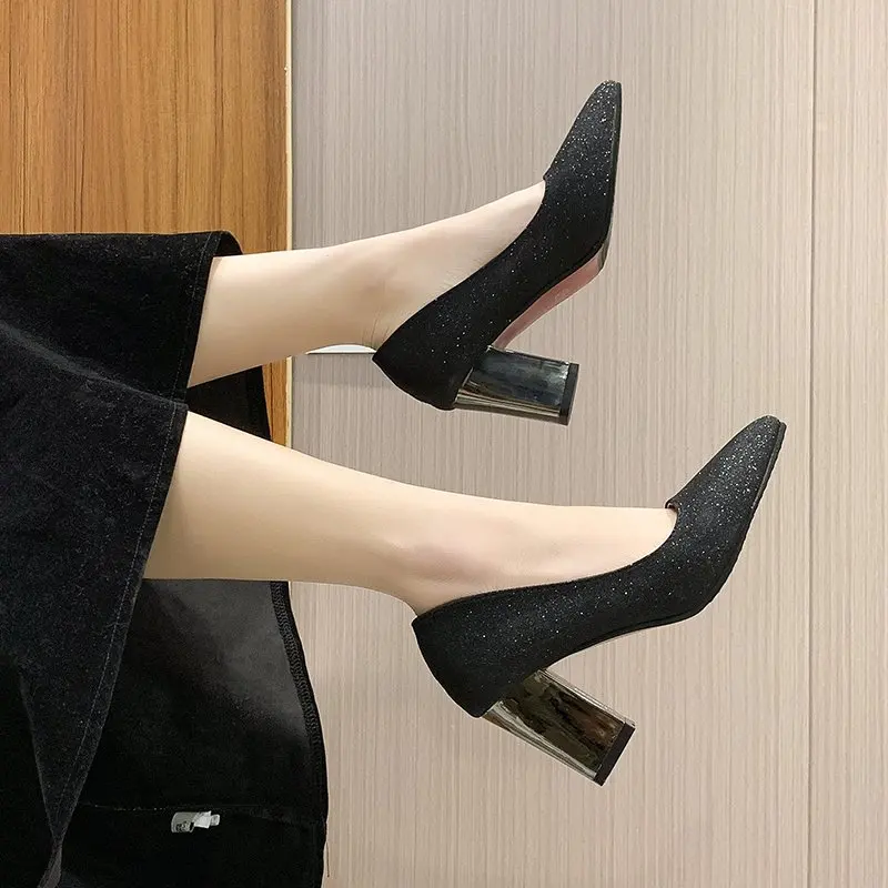 Women New Bling Pumps 7.5cm Square heel Sequined Leather Slip On Mary Janes Pointed Toe High Heel Lady Footwear Plus Size 45 46