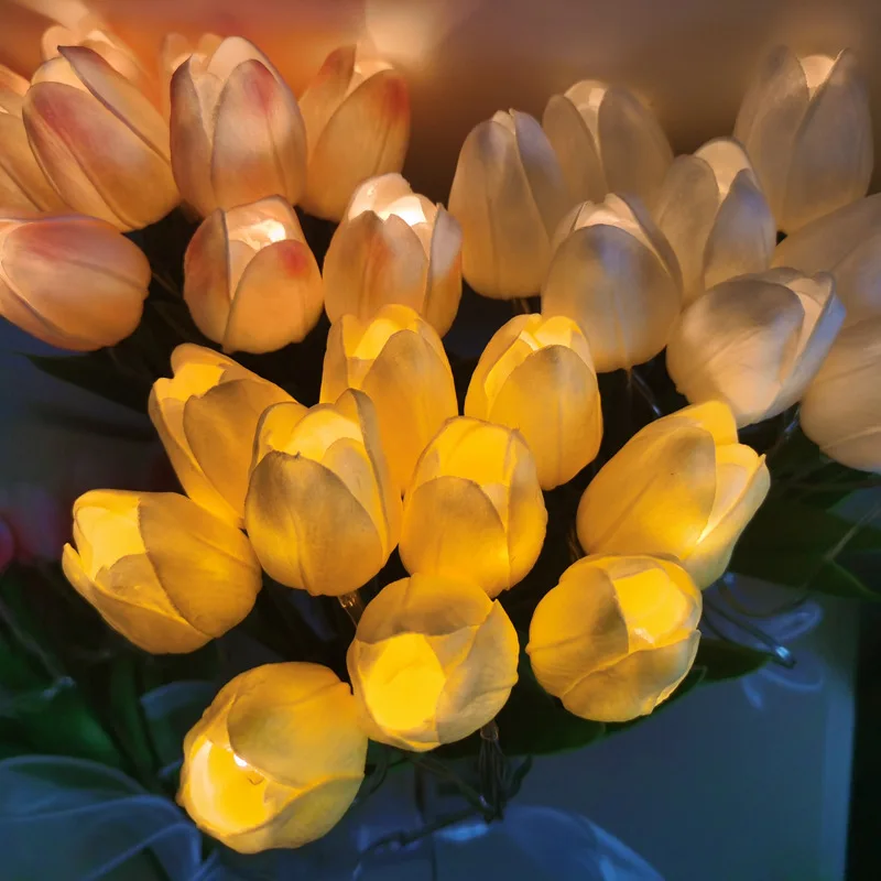 10pcs Tulips with LED Light Tulip Artificial Flowers Table Lamp Simulation Tulips Bouquet Night Light Gifts for Home Decoration