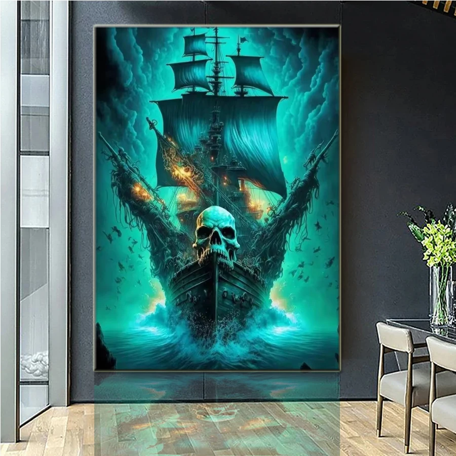 Pintura de diamante 5D, barco pirata, mosaico completo de diamantes colorido, kits de paisajes oceánicos, bordado, decoración de paisajes de barco verde caribeño