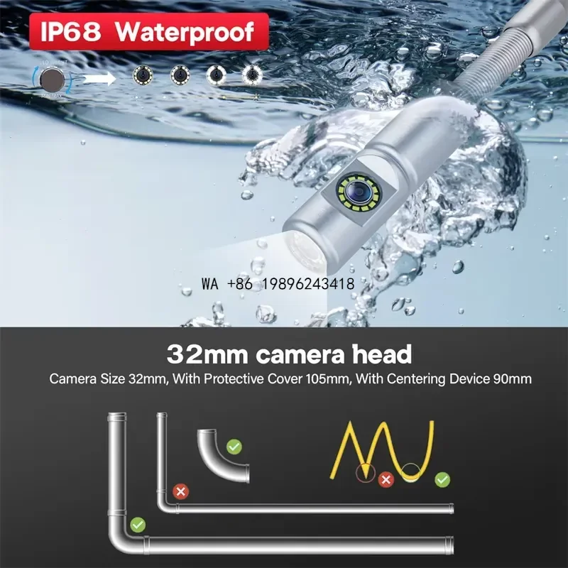 Wmwmnu for 360 Rotating Sewer Pipe Inspection with 512Hz Transmitter 9 Inch IPS 1080P Screen 32mm Lens Meter Counter