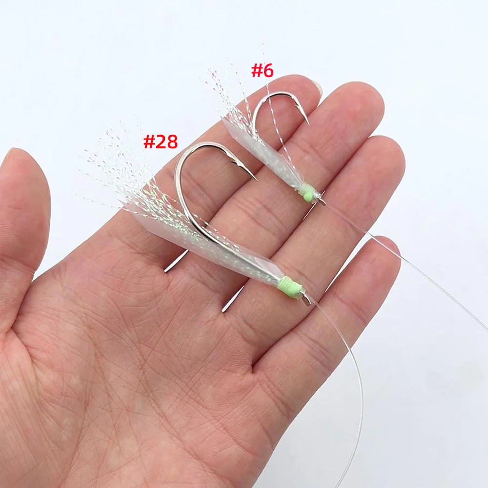 30 Stück # 6～ # 28 Leuchtende Köderköpfe mit Simulierter Fischhaut, Vorgebundene Monofilament-Schnur, Sabiki-Rigs für Forellen-, Hecht- und Salzwasserangeln – Detail 4