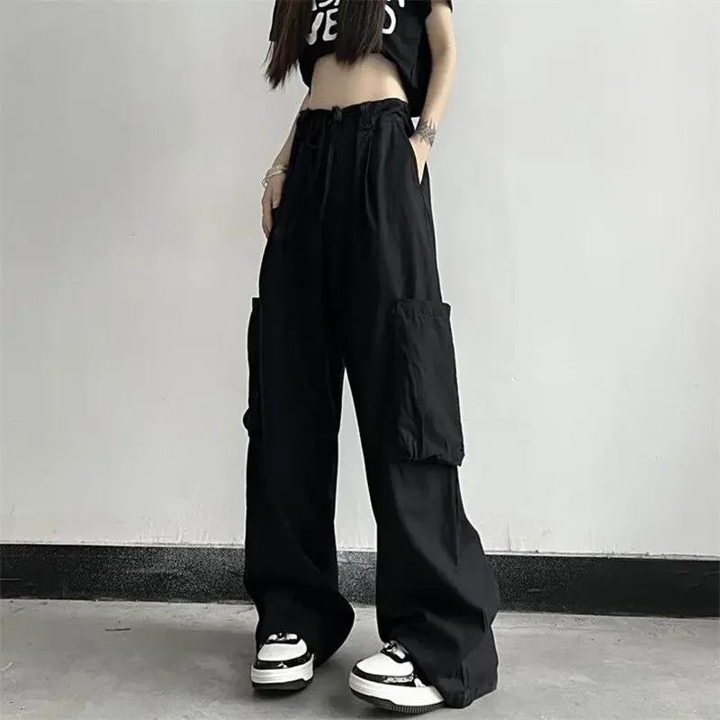 

High Waisted Workwear Pants for Women Large Pocket Loose Fit Wide Leg Casual Pants American Retro Slimming Summer Clothing