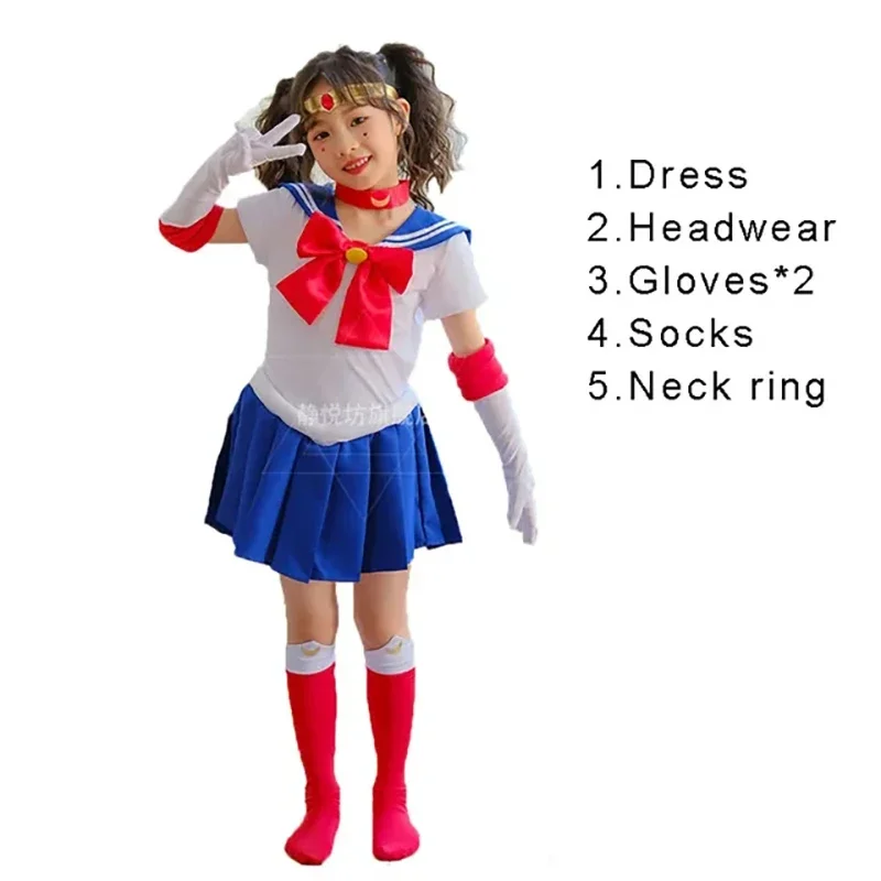 Sailor Costume Moon Usagi Tsukino Cosplay Costumes Kids Girls Cute Short Sleeve Dress Gloves Socks Halloween Carnival Clothing