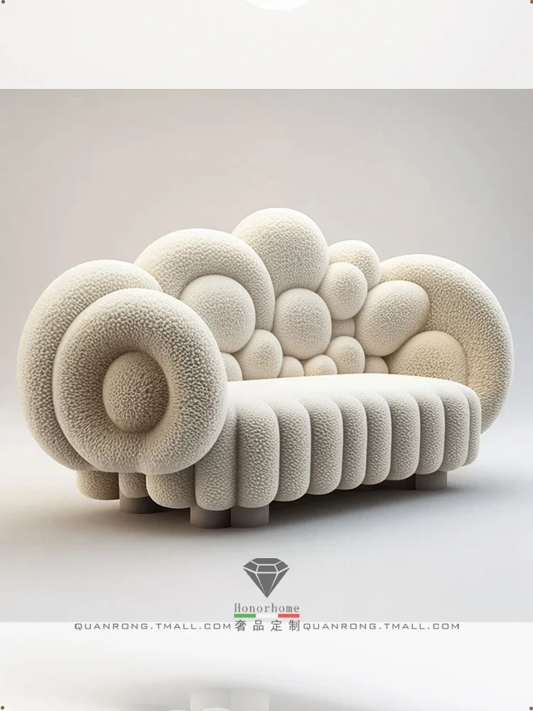 Cream style sofa personality, lamb 3-person sofa creative new, wabi-sabi furniture lamb wool sofa