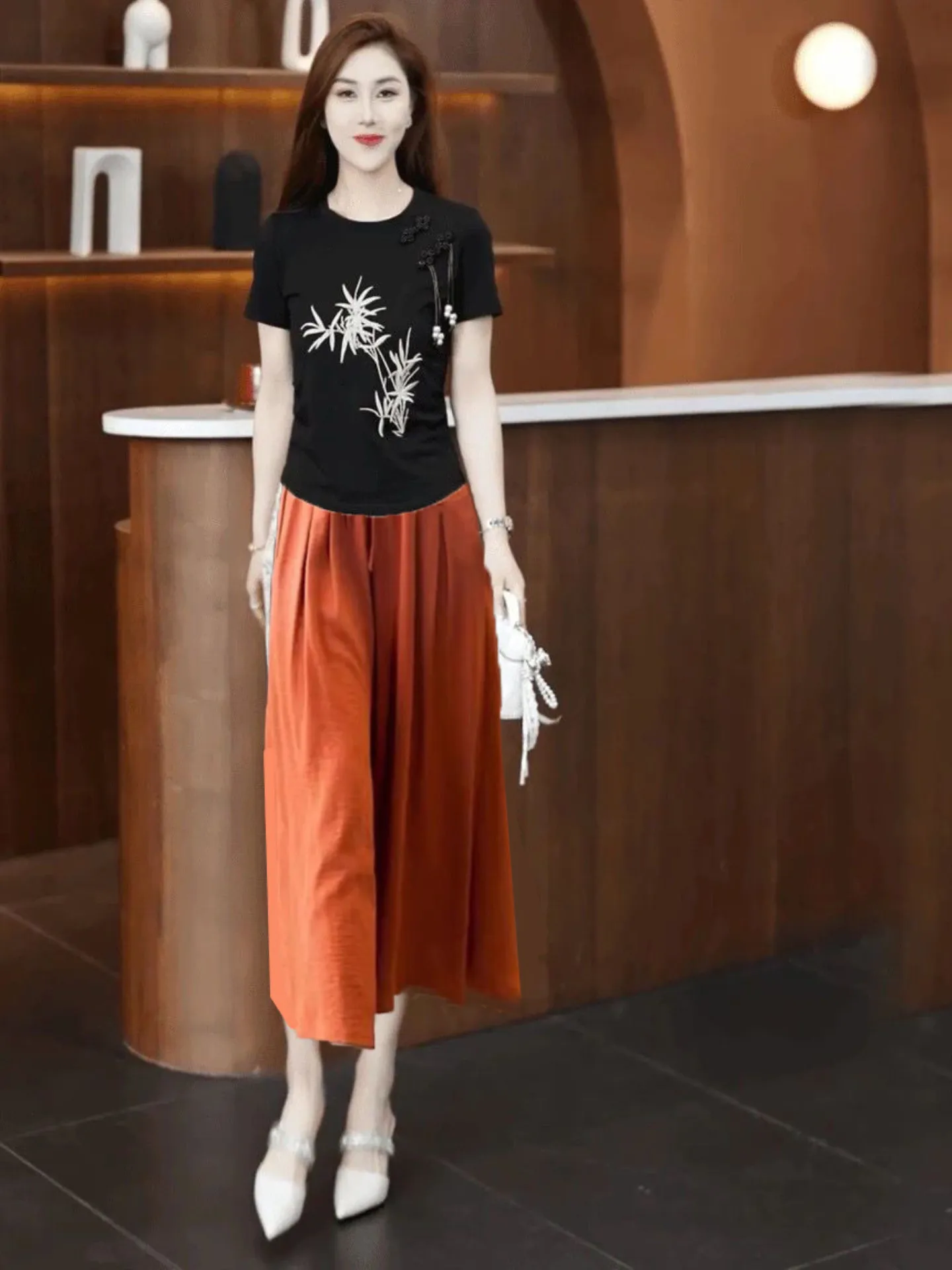 Spodnie damskie z wysokim stanem, szerokimi nogawkami, z jedwabiu lodowego, długość 7/8, letnie, luźne, chłodne, cienkie spodnie-spódnica, spodnie codzienne, oddychające, poliest...