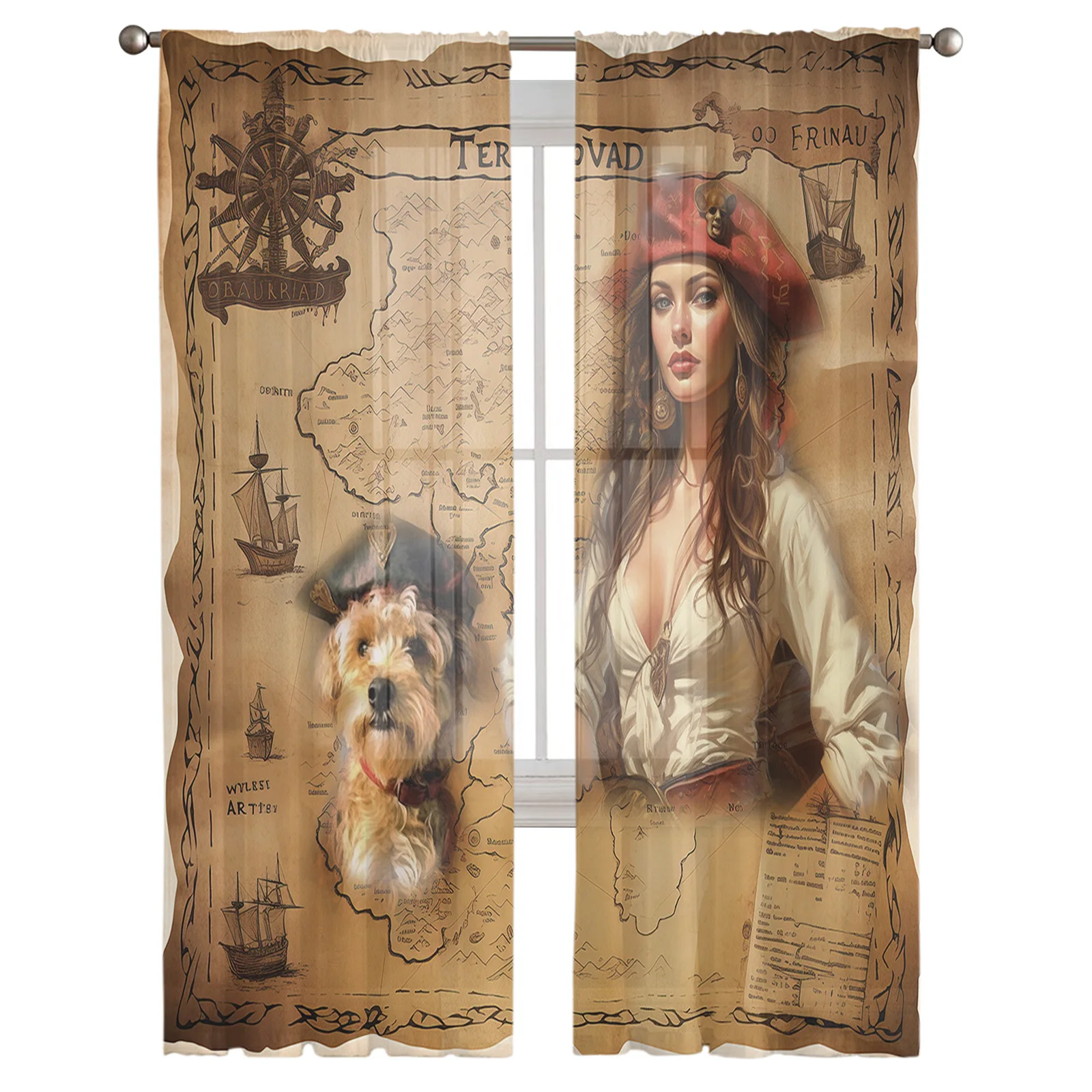 Pirate Girl Dog Treasure Route Tulle Window Treatment Sheer Curtains for Kitchen Living Room Bedroom Curtains Decor