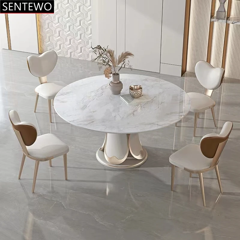 SENTEWO Luxury Round Rock Slab Dining Tables 4 6 Chairs Set Stainless Steel Gold Base Table Chair Furniture Meuble De Cuisine