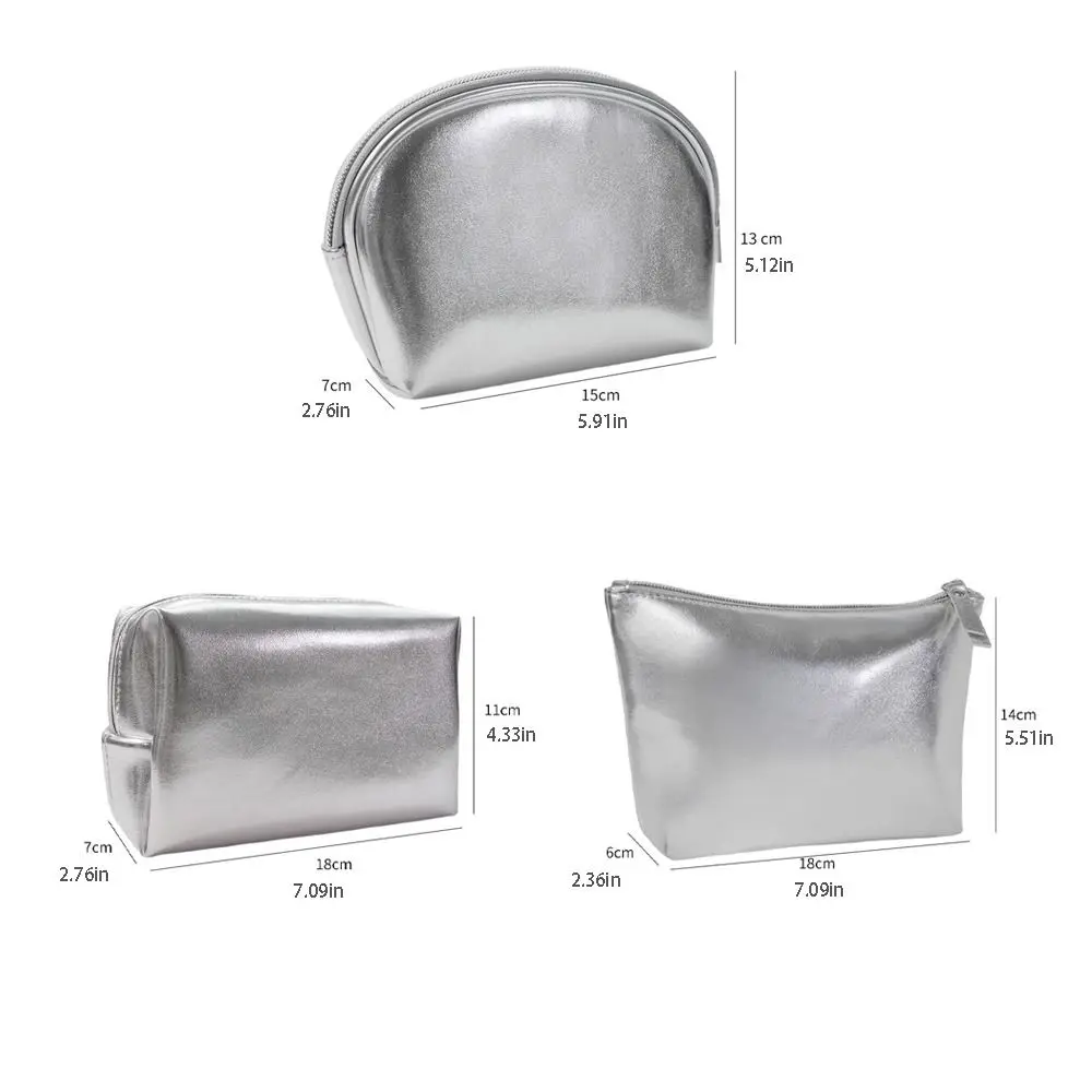 Korean PU Leather Shell Makeup Bag Silver Color Rectangle T Shape Cosmetic Handbag Solid Color Lipstick Bag