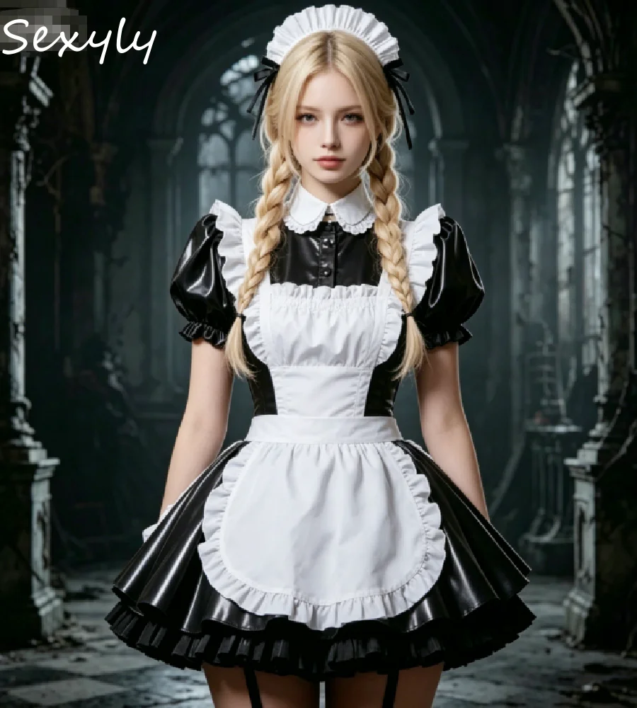 Schwarzes Leder-Dienstmädchen-Kostüm Ballkleid 2026 Mini Kurzes Gothic Lolita Cosplay Abendkleid mit Schürze Peter Pan Halloween Karneval