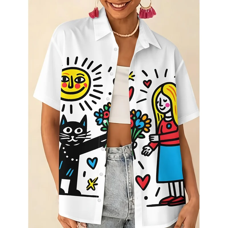 Women's Hand-painted Graffiti Collar Button-up Shirt White Short Sleeve Versatile Casual Elegant Unique Design Slimming Daily We