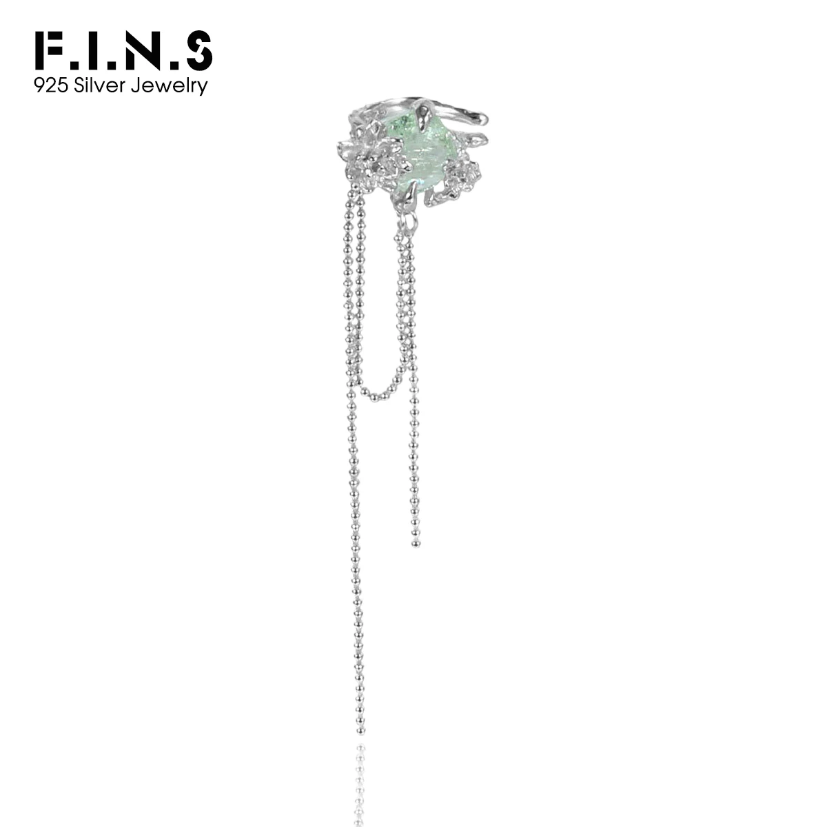 

F.I.N.S 1PC Jasmine Green Zirconia S925 Sterling Silver Clip Earring Bead Chain Tassel Open Earcuff Catilage Party Fine Jewelry
