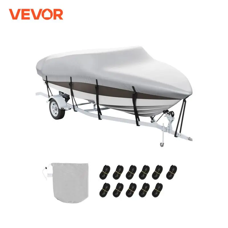 VEVOR Boat Cover Trailerable Waterproof Boat Cover 600D PU Oxford with Motor Cover Buckle Straps for V-Hull Runabout Bass Boat